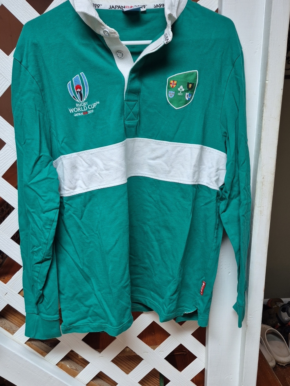 Mens Rugby World Cup Long-Sleeve Polo Shirt - Green & White